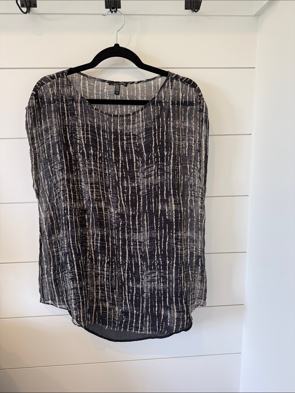 Eileen Fisher Sheer Black Silk SleevelessBlouse with Cream Linear Stripes Size L